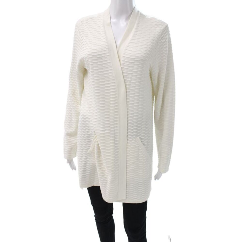 Eileen Fisher Women Cardigan Ivory Geometric V-Neck 80% Silk Long Sleeve Size M